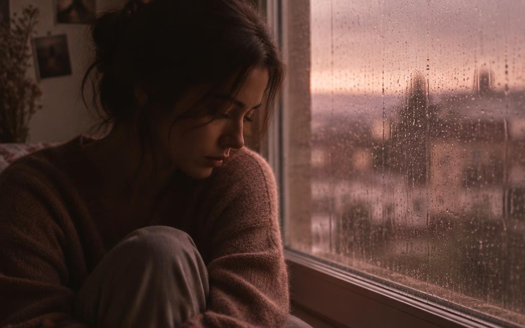 Frau sitzt still am fenster bei Regen – unsichtbare, psychische Gewalt