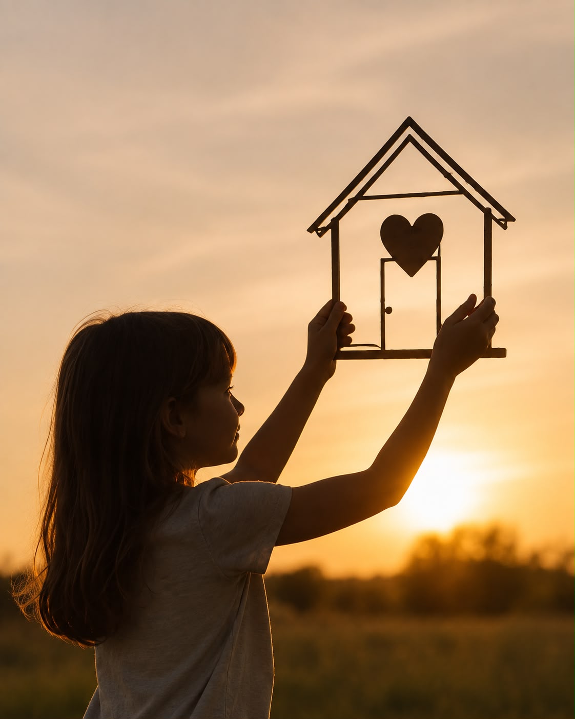 Mädchen hält im Sonnenuntergang ein gebasteltes Haus mit Herz