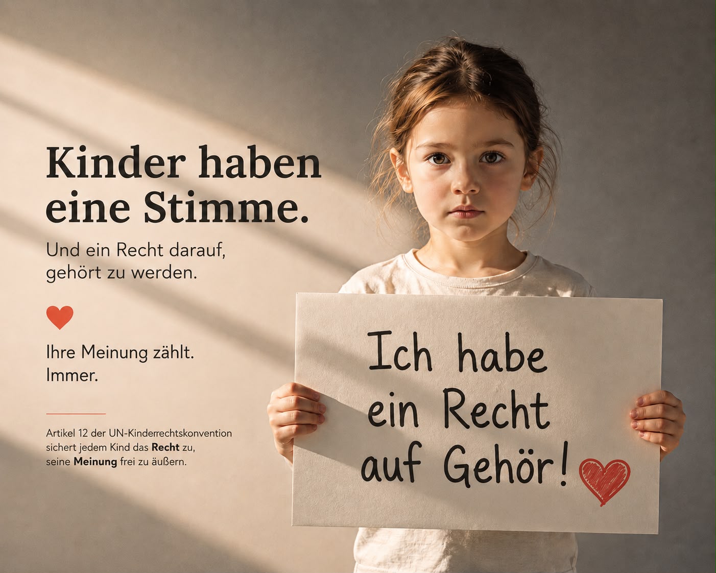 Mädchen hält ein Schild mit der Aufschrift: Ich habe ein Recht auf Gehör